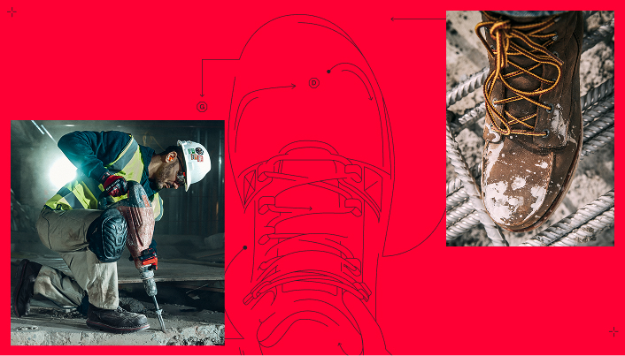 Work boot marketing graphic combining a photo of a construction worker using a jackhammer, a technical line drawing of a boot sole tread, and a close-up of a worn leather work boot on a job site, all set against a red background.