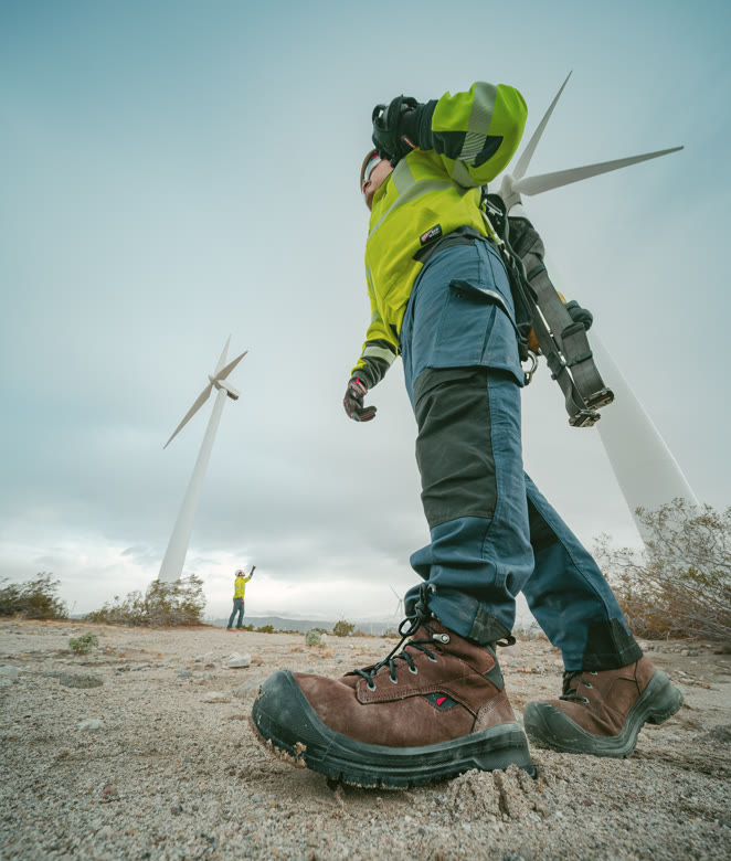 Red Wing work boots worn on a wind farm site
